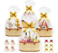 4Pcs Empty Hamper Basket Gift Baskets Empty Woven Bamboo Gift Basket with 4 Bags,6 Pull Bows, Hamper Baskets for Baby Shower, Birthday,Housewarming (Brown, Oval-34x21cm)