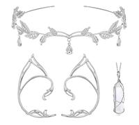 4pcs Enchanted Fairy & Elf Costume Set - Silver Leaf Crown with Clip-On Elf Ears for Adults, A Shiny Pendant, Perfect for Renaissance Faires, Cosplay & Fantasy Weddings