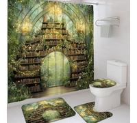 4Pcs Enchanted Library Shower Curtain Set, Green Book Motif Bath Mat Rugs Accessories for Bathroom Decor, Spring Modern Waterproof Fabric Set 72x72 Inch
