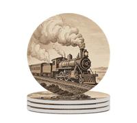 4PCS Etching Train Coasters Non-Slip Round Drink Coasters with Ceramic Stone and Cork Base, Heat Resistant Absorbent 33.00Stone Coaster Set for Kinds of Mugs and Cups, 4 Inch