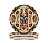 4PCS Ethnic Totem Coasters Non-Slip Round Drink Coasters with Ceramic Stone and Cork Base, Heat Resistant Absorbent 33.00Stone Coaster Set for Kinds of Mugs and Cups, 4 Inch