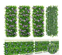 4PCS Expanding Garden Trellis Panels, 40x20cm to 28x200cm Expandable Garden Fence Screening with Artificial Ivy and Violet Flower,Decorative Faux Ivy Leaf Privacy Screen Greenery Backdrop for Backyard