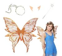 4Pcs Fairy Wings Set for Women Girls, Butterfly Wing Fancy Costume with Magic Wand, Floral Headband & Elf Ears, Sparkling Sheer Fairy Wings Angel set for Kids Adult Halloween Party Dress Up (Orange)