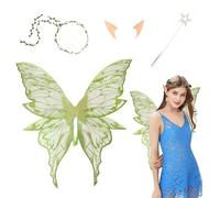 4Pcs Fairy Wings Set for Women Girls, Butterfly Wing Fancy Costume with Magic Wand, Floral Headband & Elf Ears, Sparkling Sheer Fairy Wings Angel set for Kids Adult Halloween Party Dress Up (Green)
