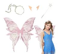 4Pcs Fairy Wings Set for Women Girls, Butterfly Wing Fancy Costume with Magic Wand, Floral Headband & Elf Ears, Sparkling Sheer Fairy Wings Angel set for Kids Adult Halloween Party Dress Up (Pink)