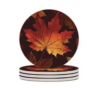 4PCS Fall Autumn Leaves Coasters Non-Slip Round Drink Coasters with Ceramic Stone and Cork Base, Heat Resistant Absorbent 33.00Stone Coaster Set for Kinds of Mugs and Cups, 4 Inch