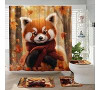 4PCS Fall Fun Red Panda Bathroom Sets, Bath Accessory with Non-Slip Rug, U Shape and Toilet Lid Cover Mat, Autumn Forest Maple Leaf Bathroom Decor-72''x72''