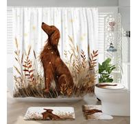 4PCS Fall Irish Setter Dog Bathroom Accessory Sets with Non-Slip Rug, U Shape and Toilet Lid Cover Mat, Autumn Watercolor Leaf Flower Bath Print Decor-72''x72''