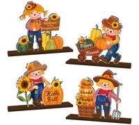 4Pcs Fall Scarecrow Decor Table Wooden Centerpiece Hell Fall Thanksgiving Table Decorations Grateful Thankful Blessed Table Topper Photo Props for Autumn Thanksgiving Party Supplies