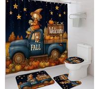 4Pcs Fall Shower Curtain Set, Navy Blue Pumpkin Decor with Bath Mats and Accessories for Bathroom, Cute Truck Waterproof Fabric Curtain with Hooks 72x72 Inch