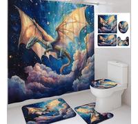 4Pcs Fantasy Dragon Shower Curtain Set, Blue and Gold Magical Mythical Bathroom Decor, Fall Enchanted Waterproof Fabric Shower Curtain Accessories with Hooks 72x72 Inch
