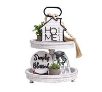 4pcs Farmhouse Decor Tiered Trays Farmhouse Home Decor Tiered Trays Decorative Items Mini Signs Simple Blessings Home Decor Wood Beads Wreath Rustic Kitchen Decor (White)