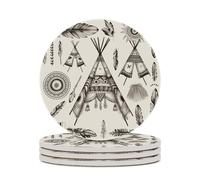 4PCS Feather Head Band Teepee Tent Coasters Non-Slip Round Drink Coasters with Ceramic Stone and Cork Base, Heat Resistant Absorbent 33.00Stone Coaster Set for Kinds of Mugs and Cups, 4 Inch
