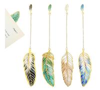 4PCS Feather-Shaped Metal Bookmarks with Chain, Vintage Metal Feather Bookmarks, 4 Styles Fantasy Feathers Bookmark Set for Book Lovers, Readers, Writers, Women, Men (Dark Night, Aurora, Stars, Mist)