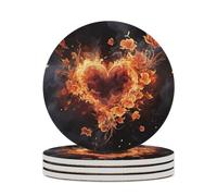 4PCS Fire Flowers and Heart Coasters Non-Slip Round Drink Coasters with Ceramic Stone and Cork Base, Heat Resistant Absorbent 33.00Stone Coaster Set for Kinds of Mugs and Cups, 4 Inch