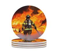 4PCS Firefighter Fireman Flame Coasters Non-Slip Round Drink Coasters with Ceramic Stone and Cork Base, Heat Resistant Absorbent 33.00Stone Coaster Set for Kinds of Mugs and Cups, 4 Inch