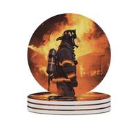 4PCS Firefighter Fireman Flame Coasters Non-Slip Round Drink Coasters with Ceramic Stone and Cork Base, Heat Resistant Absorbent 33.00Stone Coaster Set for Kinds of Mugs and Cups, 4 Inch