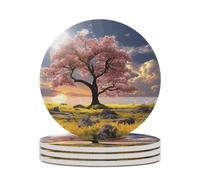 4PCS Flower and Tree Coasters Non-Slip Round Drink Coasters with Ceramic Stone and Cork Base, Heat Resistant Absorbent 33.00Stone Coaster Set for Kinds of Mugs and Cups, 4 Inch