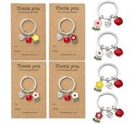 4PCS Flower Keyring Thank You Teacher Metal 4 Colours Small Keychain Gift | Metal flower keyrings in red, pink, white and yellow. Comes with card backing. For teachers, colleagues and friends.