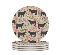 4PCS Flower Show Steer Cows Cattle Coasters Non-Slip Round Drink Coasters with Ceramic Stone and Cork Base, Heat Resistant Absorbent 33.00Stone Coaster Set for Kinds of Mugs and Cups, 4 Inch