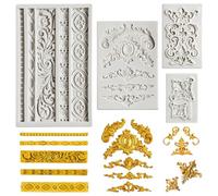 4PCS Fondant Silicone Moulds, 3D Baroque Sculpted Cake Mould, Retro Relief Fondant Mould, Scroll Border Embossed Lace Molds for Sugarcraft Clay Chocolate Candy Cake