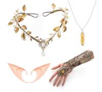 4PCS Forest Fairy Ears Costume Accessories, WoodlandFairy Crown Headband Lace Gloves Pixie Elf Ear VikingNecklace, Renaissance Elf Costume for Women GirlsHalloween Cosplay Costume Party (Gold)
