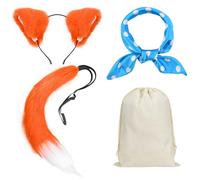 4Pcs Fox Costume Set Include Fox Ears Headband Tail Blue and White Dot Square White Bag for Halloween World Book Day Fancy Dress Make Up