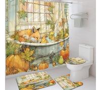 4Pcs Fox Shower Curtain Set, Orange Yellow Leaf Bath Mat Rugs Accessories for Autumn Decor, Cozy Vintage Waterproof Fabric Shower Curtain Set with Hooks 72x72 Inch