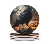4PCS Frightening Halloween Crow Coasters Non-Slip Round Drink Coasters with Ceramic Stone and Cork Base, Heat Resistant Absorbent 33.00Stone Coaster Set for Kinds of Mugs and Cups, 4 Inch
