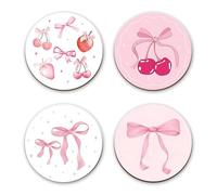 4Pcs Fruit Print Wooden Coasters, Pink Bow Car Coasters for Cup Holders, Round Non-slip Drink Coaster for Coffee & Tea, Cute Kitchen Accessories for Home Decor and Tabletop Protection