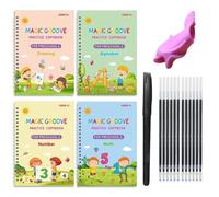 4PCS Fullofcarts Writing Books, Magic Grooved Practice Copybook, Reusable Writing Practice Book, Grooved Handwriting Workbook, Learn to Write Number Letter, Magic Practice Copybook for Kids