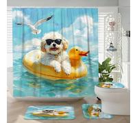 4PCS Fun Cavachon Dog Shower Curtain 72''x72'' with Hooks, Bathroom Accessory Sets with Bath Mat, U Shape and Toilet Lid Cover Mat, Summer Nautical Scene Chien Home Bath Fabric Decor