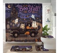 4PCS Fun Halloween Persians Cat Shower Curtain 72''x72'' with Hooks, Bathroom Accessory Sets with Bath Mat, U Shape and Toilet Lid Cover Mat, Spooky Haunted House Truck Bath Fabric Decor