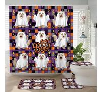 4PCS Fun Halloween Persians Cat Shower Curtain 72''x72'' with Hooks, Bathroom Set with Bath Rug, U Shape Toilet Lid Cover Mat, Funky Scary Kitten Ghost Home Bath Fabric Decor