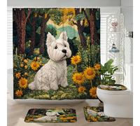 4PCS Fun Westie Dog Shower Curtain 72''x72'' with Hooks, Bathroom Accessory Sets with Bath Mat, U Shape and Toilet Lid Cover Mat, Spring Forest Scene Chien Home Bath Fabric Decor