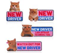 4pcs Funny Cat New Driver Car Magnets, Cute Nervous Cat Reflective Student Driver Signs Reusable Safety Warning Magnetic Bumper Stickers Car Decals for Beginner Novice Drivers Gifts