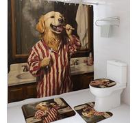 4Pcs Funny Dog Shower Curtain Set, Red White Striped Animal Bath Mat Rugs Accessories for Bathroom Decor, Modern Cartoon Waterproof Fabric Shower Curtain Set with Hooks 72x72 Inch