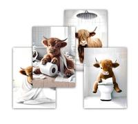 4Pcs Funny Highland Cow Bathroom Wall Art Posters Decor, Funny Animal Rustic Farmhouse Cow Wall Art Prints for Toilet Bathroom Decor, Unique Humor Artwork For Restroom And Bedroom Unframed 30x40cm