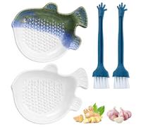 4Pcs Garlic Grater Plate Set, Includes One Fish Blue and One Fish White Grater Plate, Plus Two Cleaning Brushes, Compact Kitchen Grater for Ginger Tea and Baby Food