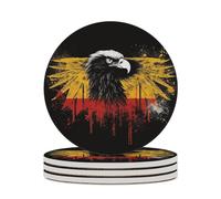 4PCS Germany Flag Eagle Coasters Non-Slip Round Drink Coasters with Ceramic Stone and Cork Base, Heat Resistant Absorbent 33.00Stone Coaster Set for Kinds of Mugs and Cups, 4 Inch