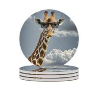 4PCS Giraffe Wearing Sunglasses Coasters Non-Slip Round Drink Coasters with Ceramic Stone and Cork Base, Heat Resistant Absorbent 33.00Stone Coaster Set for Kinds of Mugs and Cups, 4 Inch