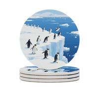 4PCS Glacier Penguins Coasters Non-Slip Round Drink Coasters with Ceramic Stone and Cork Base, Heat Resistant Absorbent 33.00Stone Coaster Set for Kinds of Mugs and Cups, 4 Inch