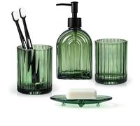 4Pcs Glass Bathroom Accessories Set | Army Green Arched Stripe Design Soap Dispenser, Toothbrush Holder, Tumbler & Soap Dish, Bathroom & Countertop Organiser Set
