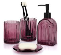 4Pcs Glass Bathroom Accessories Set | Purple Arched Stripe Design Soap Dispenser, Toothbrush Holder, Tumbler & Soap Dish, Bathroom & Countertop Organiser Set