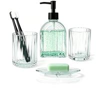 4Pcs Glass Bathroom Accessories Set | Transparent Arched Stripe Design Soap Dispenser, Toothbrush Holder, Tumbler & Soap Dish, Bathroom & Countertop Organiser Set