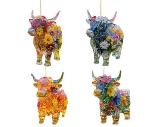 4PCS glass easter ornaments Highland Cow Calf Ceramic & Stained Glass Hanging Decor with Chandelier Crystals, Lightweight Rustic Wall Art Decoration for Indoor & Outdoor Garden Window