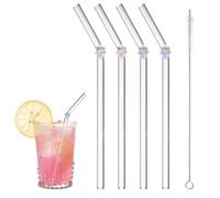 4Pcs Glass Straw with 1 Cleaning Brush Clear Glass Straws with Charms Bent Reusable Drinking Straws for Smoothie Milk Coffee Coctail Water Juice (Grape)