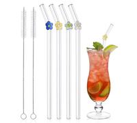 4Pcs Glass Straws with Charms, Reusable Clear Drinking Straws with Flower, Cute Colorful Glass Straws Shatter Resistant for Smoothies, Milkshakes, Juice with 2 Cleaning Brushes, Dishwasher Safe