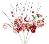 4PCS Glitter Curly Candy Christmas Tree Picks Assorted Red Green White Decorations Peppermint Spiral Twirl Stems Lollipop Candy Cane Sprays Star Striped Ball Xmas Ornaments Sticks Vase Crafts Supplies