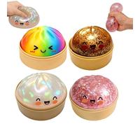 4Pcs Glitter Dumpling Squishy, Big Mystery Dumplings Squishies Box, Cute Bao Bun Fidget Real Office Desk Decor, Soft Sensory Squeeze Ball with Steamer for Anxiety Stress Relief, Novelty Surprise Gift